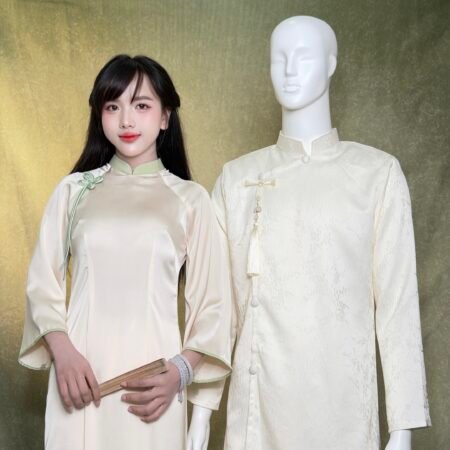 Cho Thuê Áo Dài Bưng Quả Nam Kem Gấm Nút Tàu Ngọc Trai