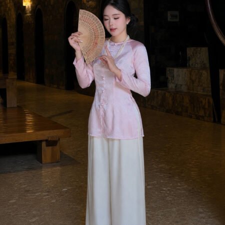 Cho Thuê Áo Bà Ba Nữ Gấm Hồng Nhạt Hoa Chìm