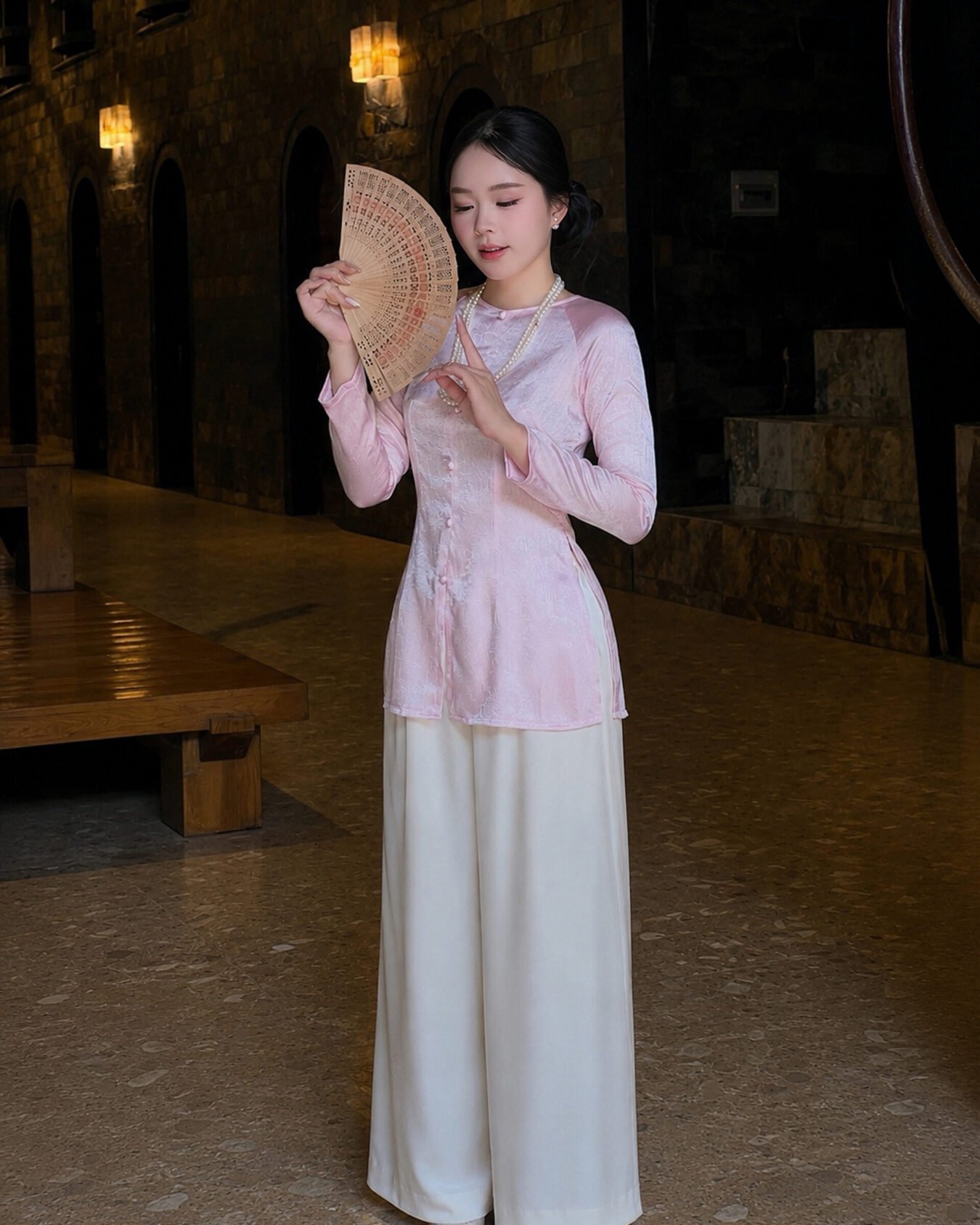 Cho Thuê Áo Bà Ba Nữ Gấm Hồng Nhạt Hoa Chìm