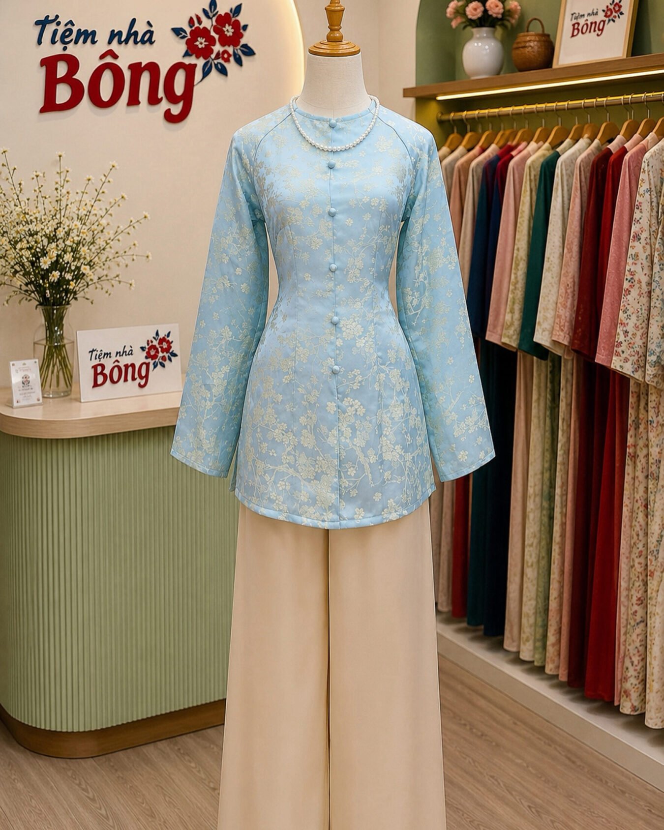 Áo Bà Ba Nữ Xanh Ngọc Gấm Hoa Trắng cho thuê tại Tiệm Nhà Bông