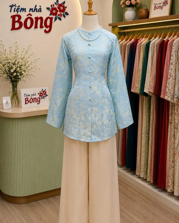 Áo Bà Ba Nữ Xanh Ngọc Gấm Hoa Trắng cho thuê tại Tiệm Nhà Bông