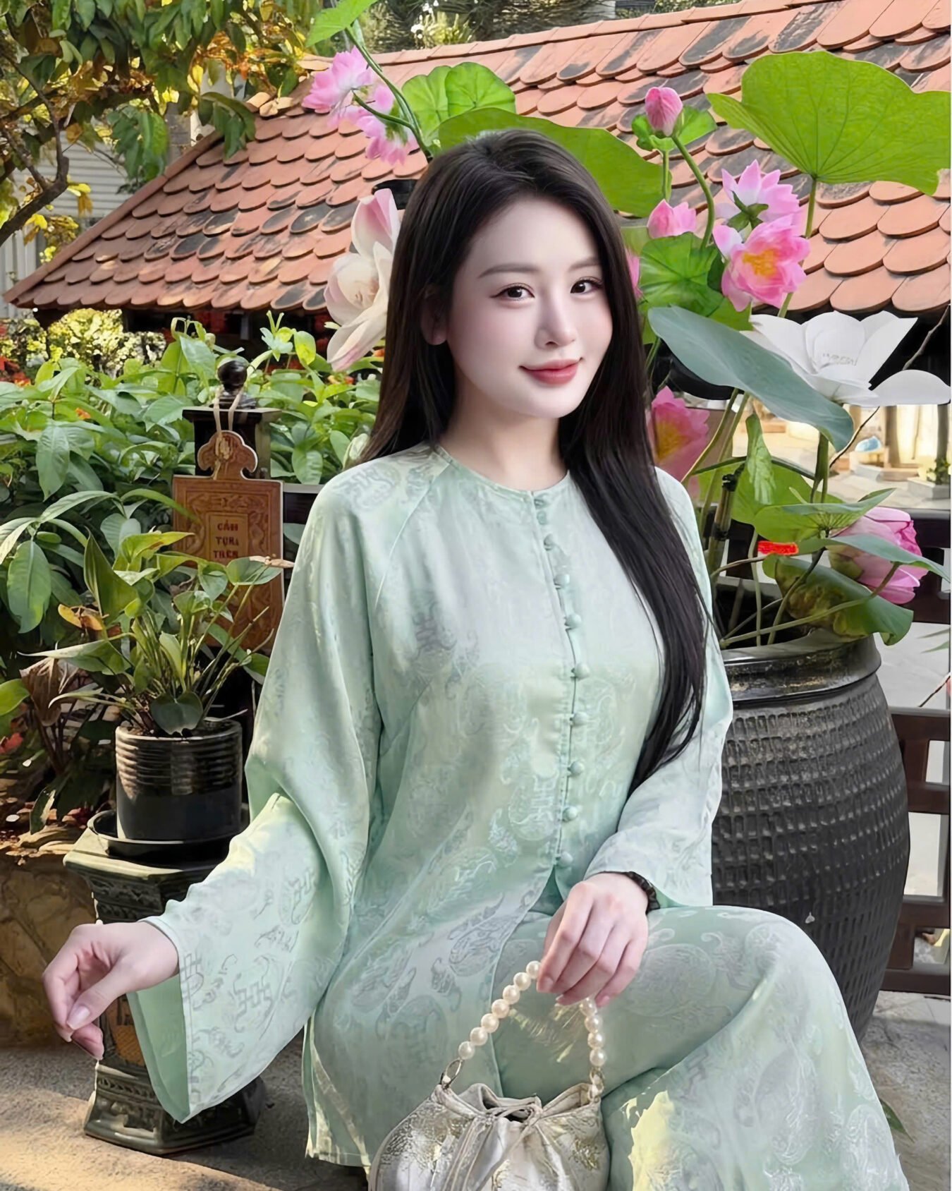 Cho Thuê Set Pháp Phục Gấm Xanh Mint Đồng Tiền