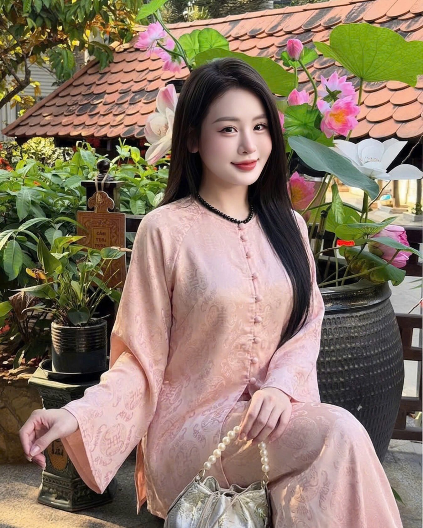 Cho Thuê Set Pháp Phục Gấm Hồng Nhạt Đồng Tiền