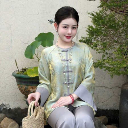 Cho Thuê Pháp Phục Nữ Xanh Tơ Óng Viền Xám