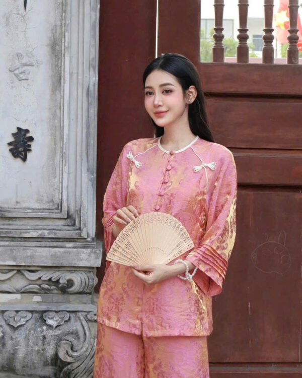 Cho Thuê Pháp Phục Nữ Hồng Tơ Óng 2 Nơ