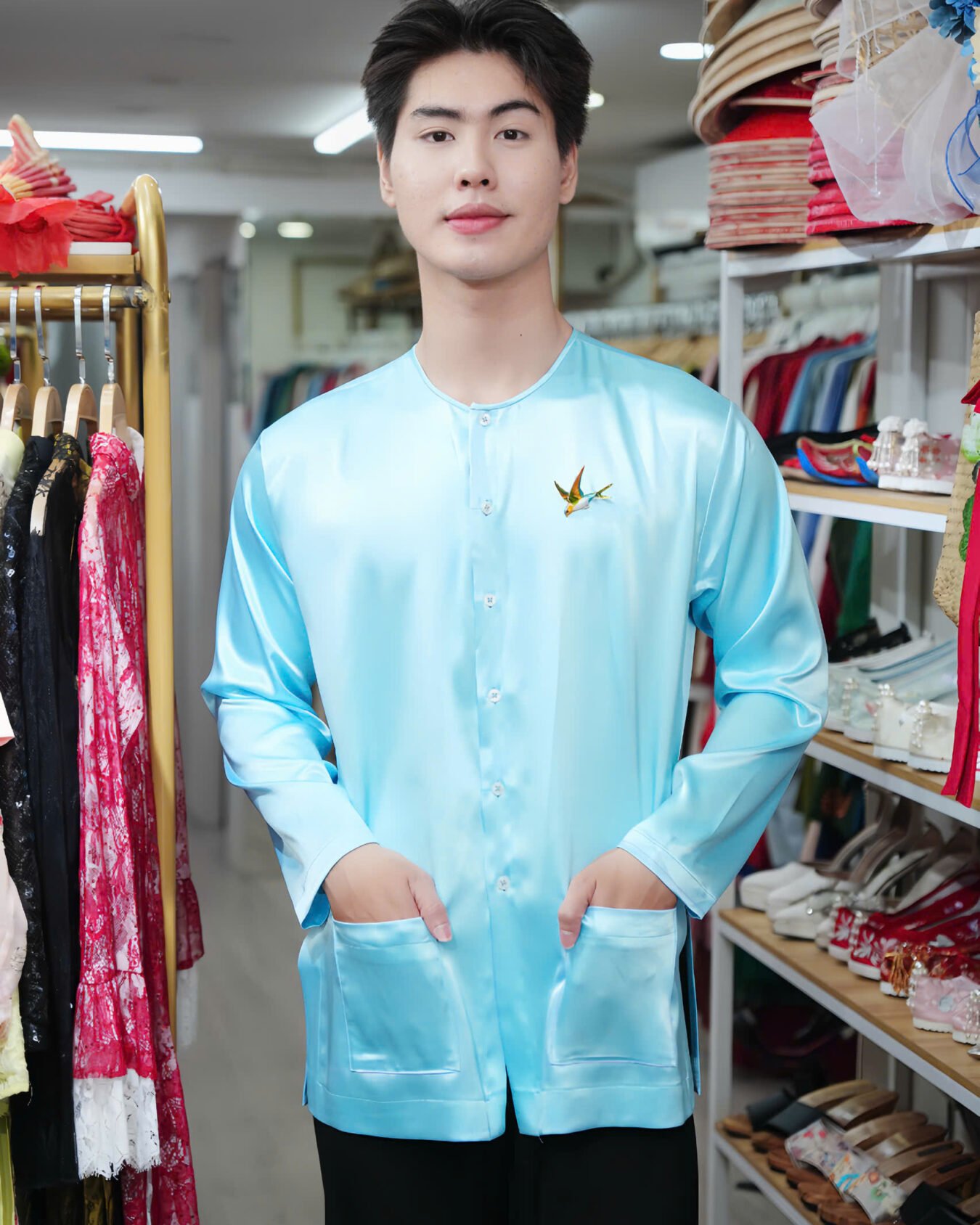 Cho Thuê Áo Bà Ba Nam Xanh Da Trời Lụa