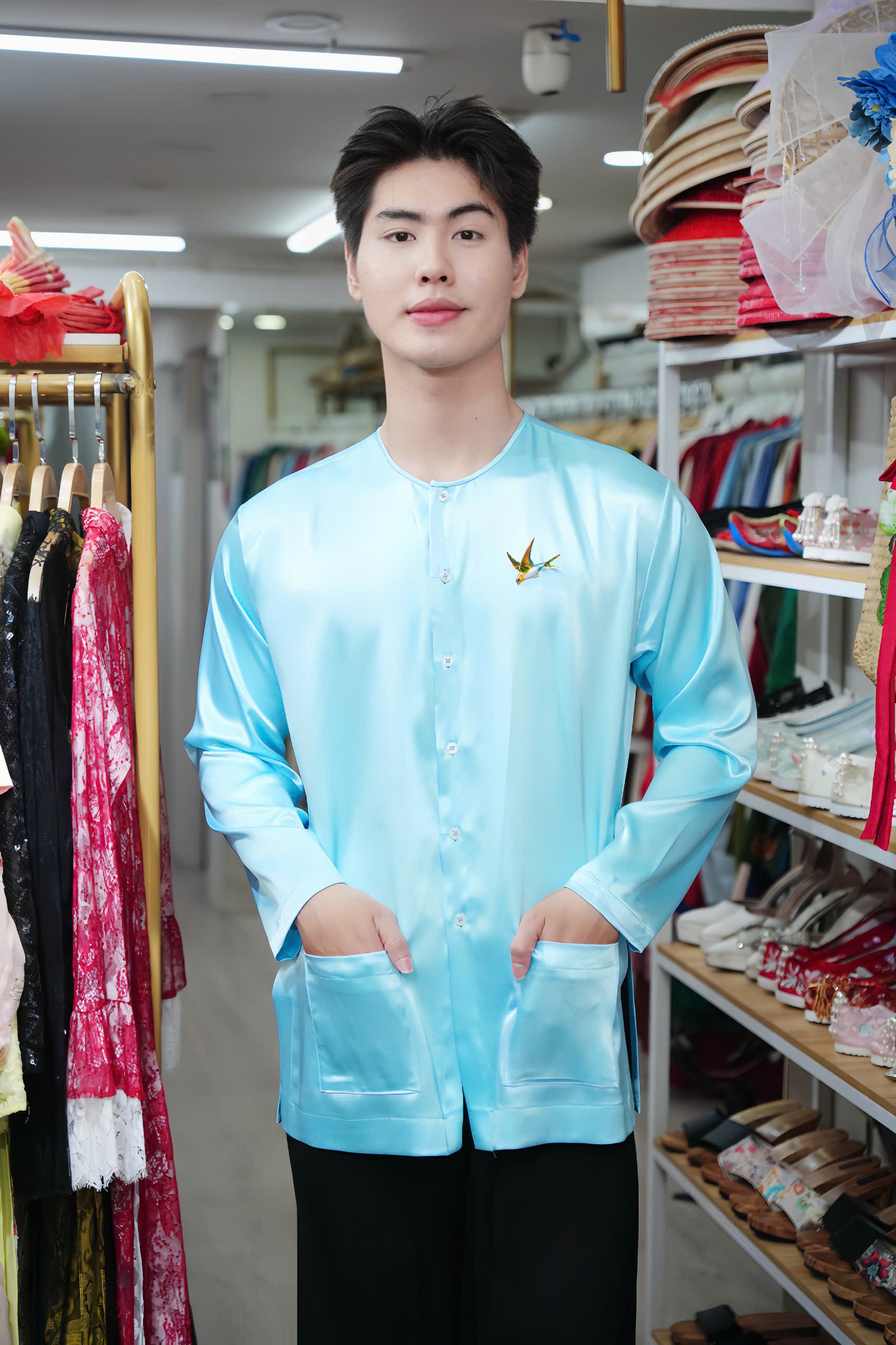 Cho Thuê Áo Bà Ba Nam Xanh Da Trời Lụa