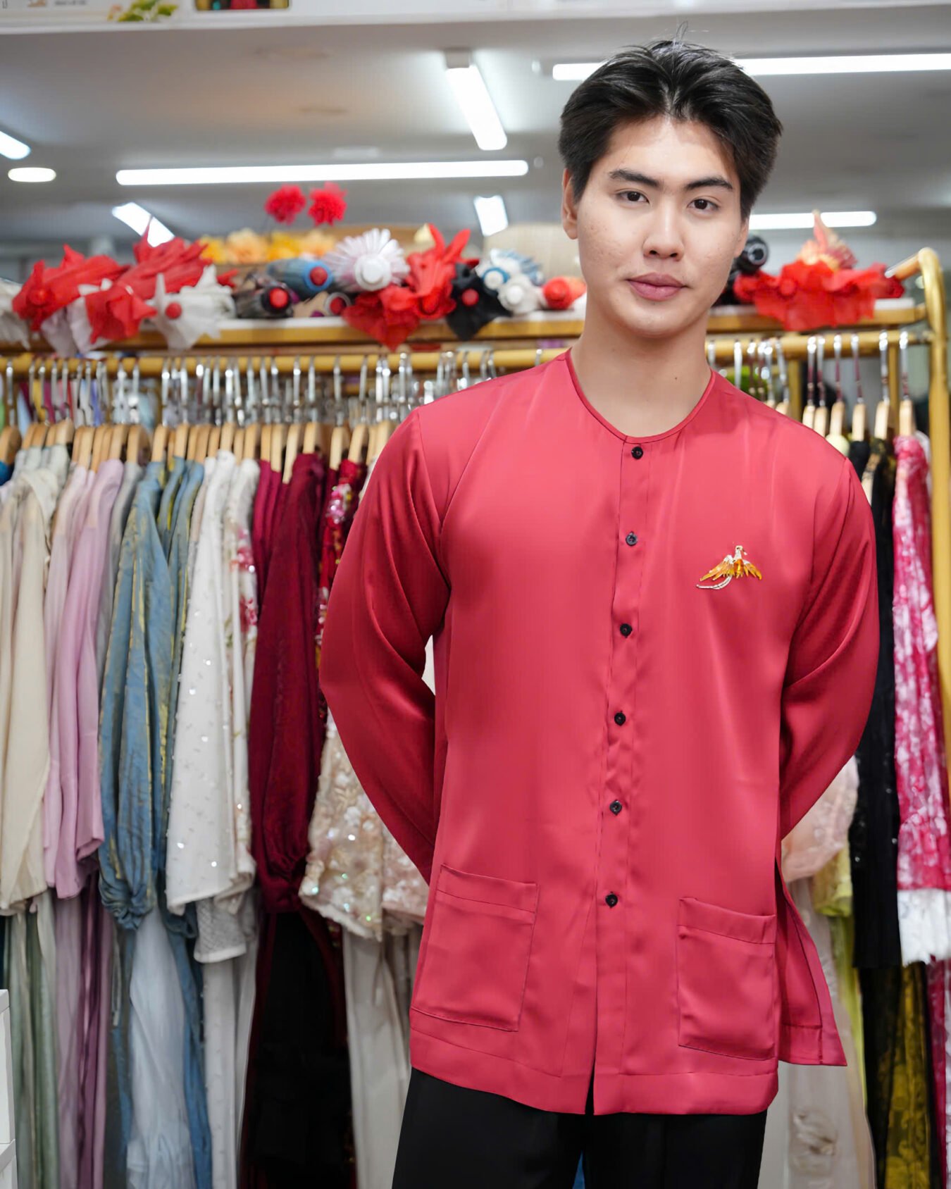 Cho Thuê Áo Bà Ba Nam Hồng Đậm Lụa