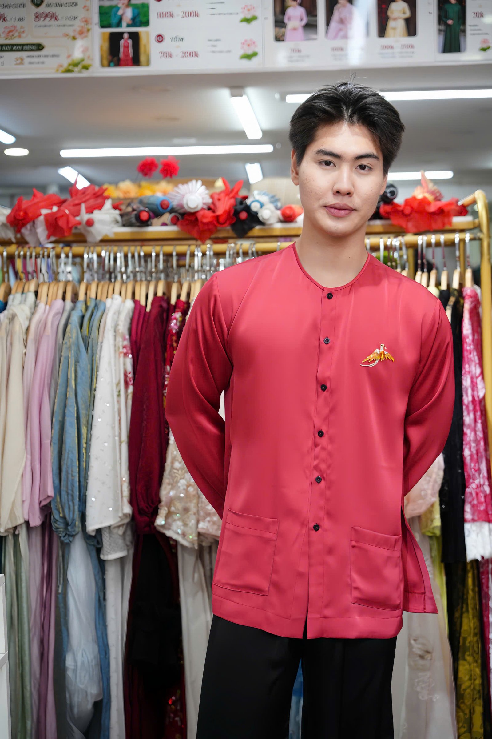 Cho Thuê Áo Bà Ba Nam Hồng Đậm Lụa