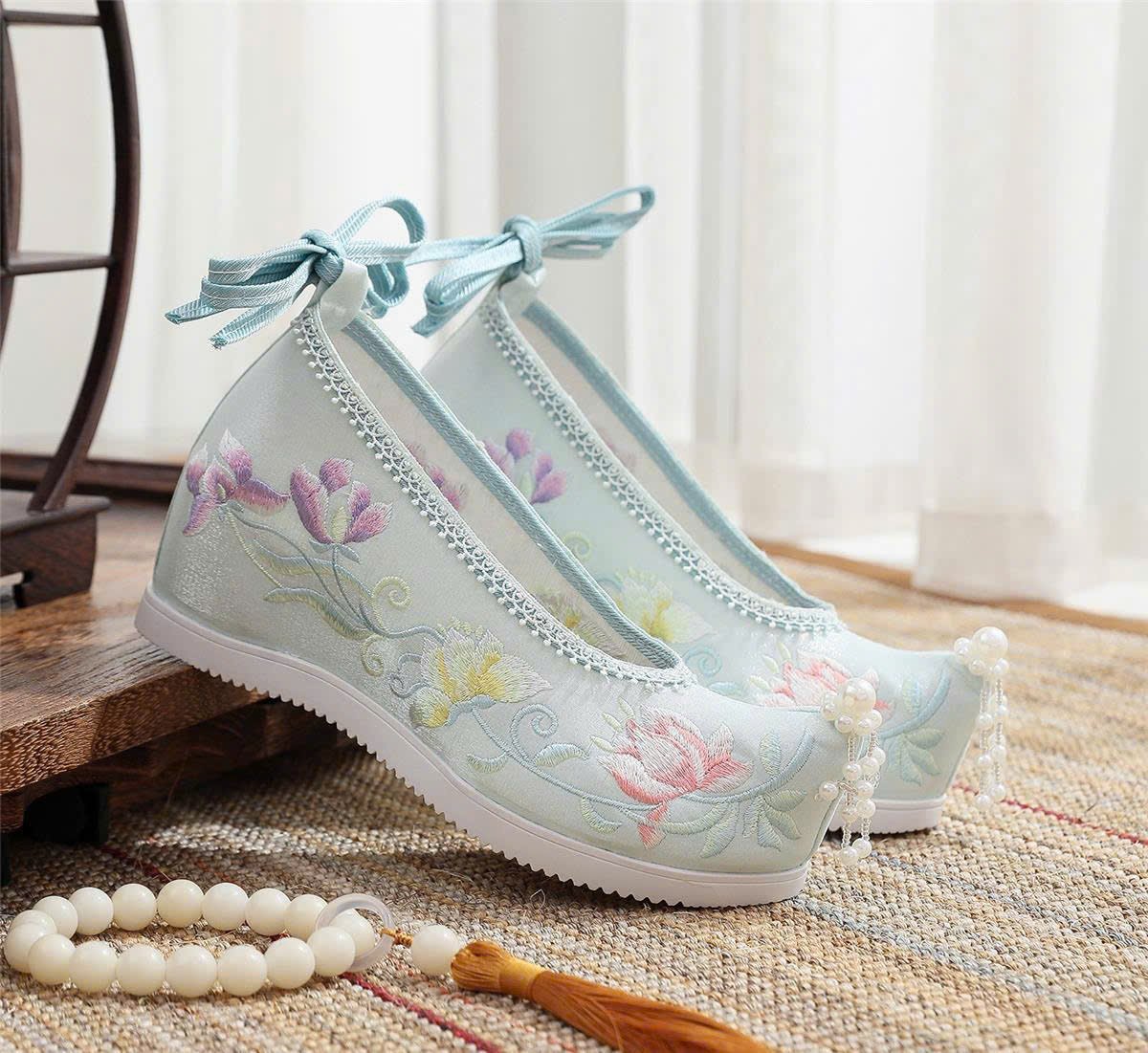 Cho Thuê Giày Hán Phục Xanh Ngọc Hoa Sen Đính Ngọc Trai
