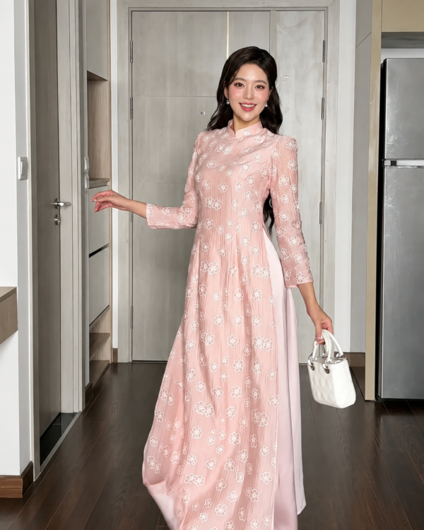 Cho Thuê Áo Dài Nữ Hồng Thêu Hoa Trắng