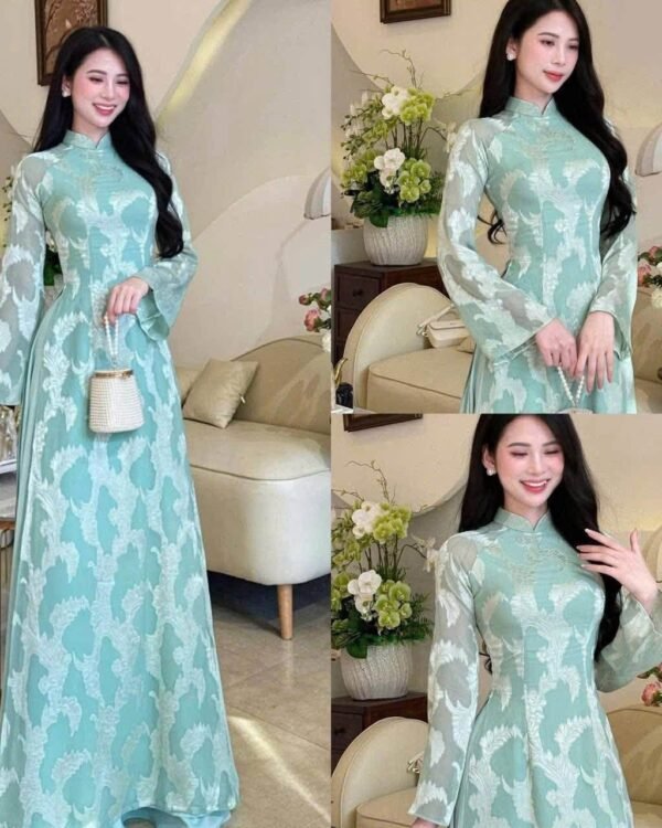Cho Thuê Áo Dài Nữ Ôm Xanh Ngọc Họa Tiết Lá