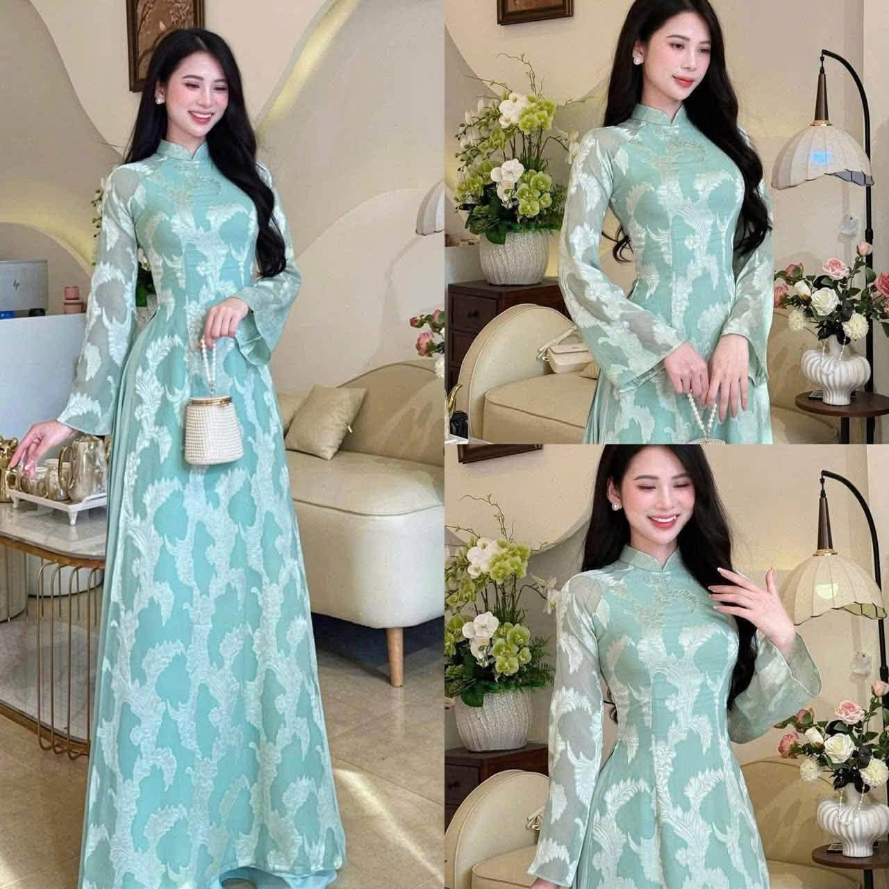 Cho Thuê Áo Dài Nữ Ôm Xanh Ngọc Họa Tiết Lá