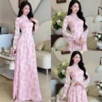 Cho Thuê Áo Dài Nữ Ôm Hồng Họa Tiết Lá