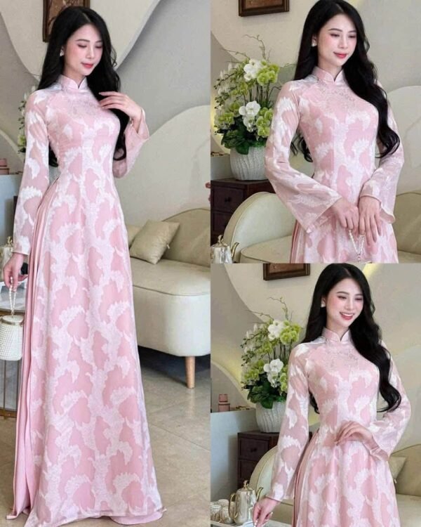Cho Thuê Áo Dài Nữ Ôm Hồng Họa Tiết Lá