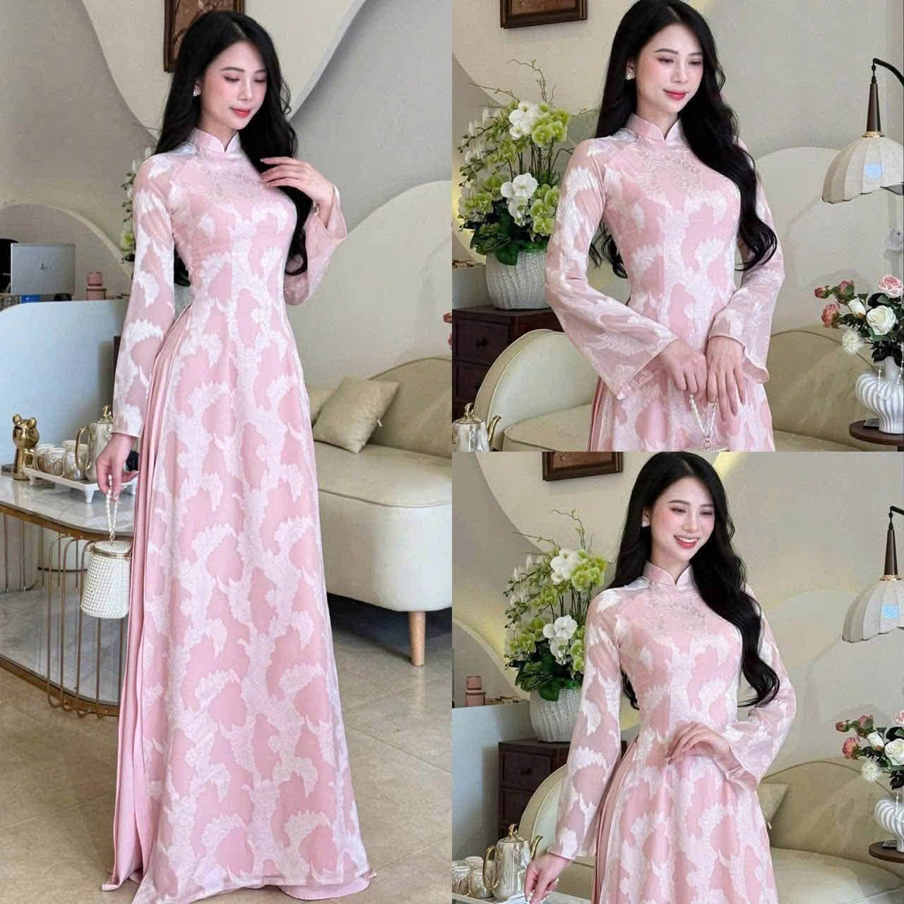 Cho Thuê Áo Dài Nữ Ôm Hồng Họa Tiết Lá