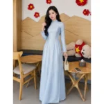 Cho Thuê Áo Dài Nữ Xanh Biển Cổ Trụ Tay Loe Thêu Lá Cờ