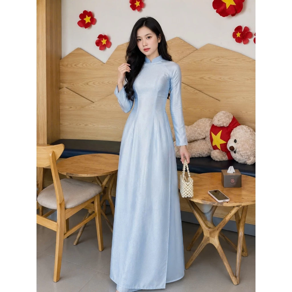 Cho Thuê Áo Dài Nữ Xanh Biển Cổ Trụ Tay Loe Thêu Lá Cờ
