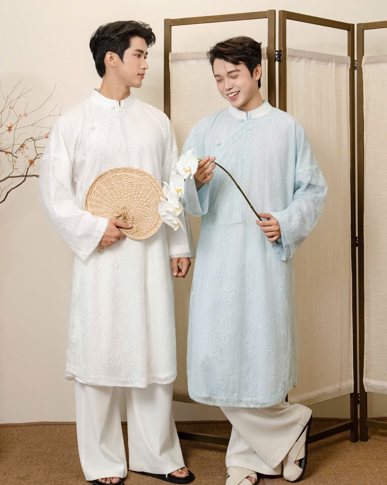 Cho Thuê Áo Dài Nam Xanh Ren Ngũ Thân