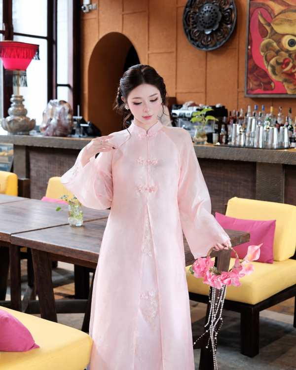 Cho Thuê Áo Dài Nữ Hồng Voan Nút Xoè