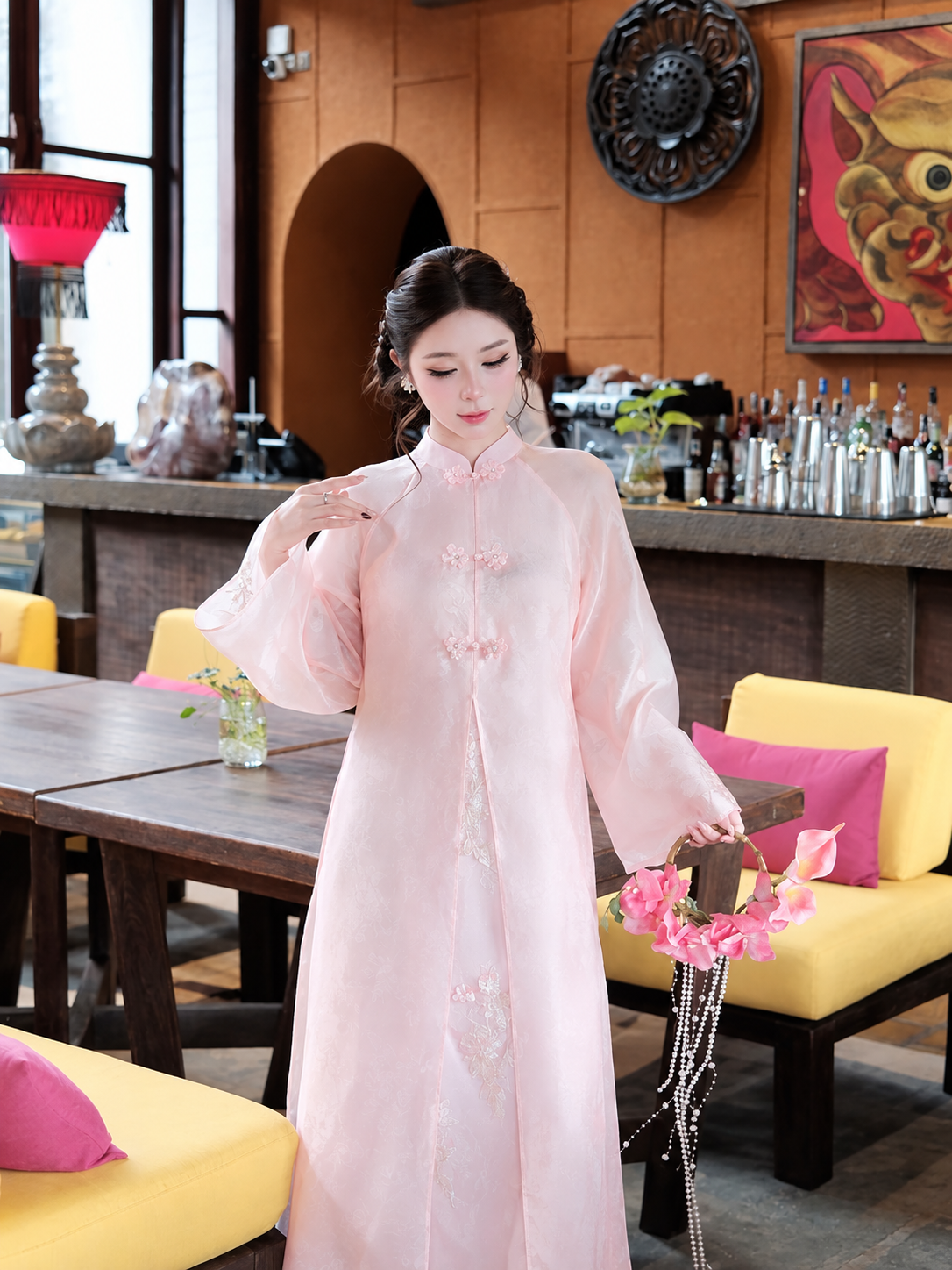 Cho Thuê Áo Dài Nữ Hồng Voan Nút Xoè