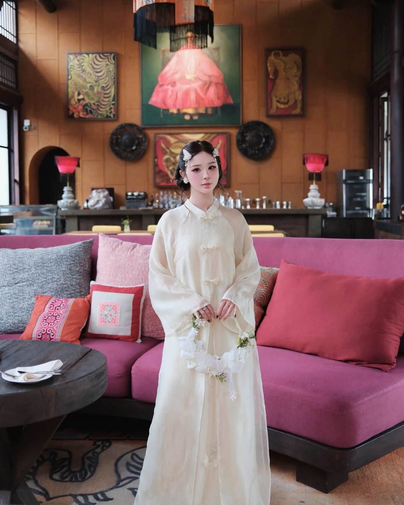 Cho Thuê Áo Dài Nữ Kem Voan Nút Xoè