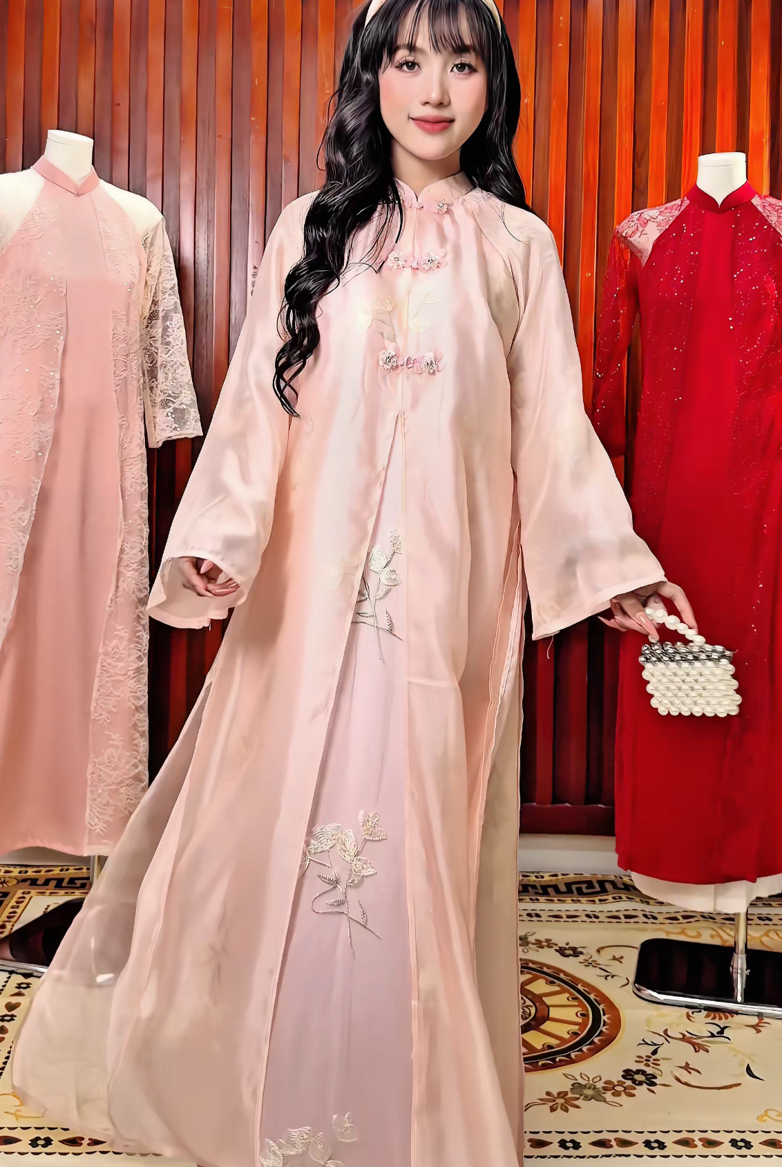 Cho Thuê Áo Dài Nữ Hồng Voan Nút Xoè