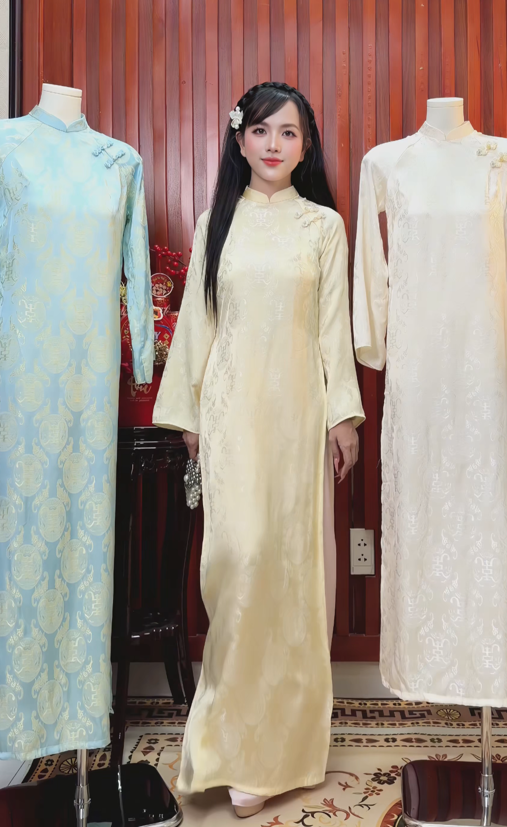 Cho Thuê Áo Dài Nữ Vàng Cổ Trụ Gấm Thọ Dơi