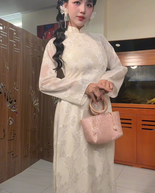 Cho Thuê Áo Dài Nữ Ôm Trắng Cổ Trụ Hoạ Tiết Lá