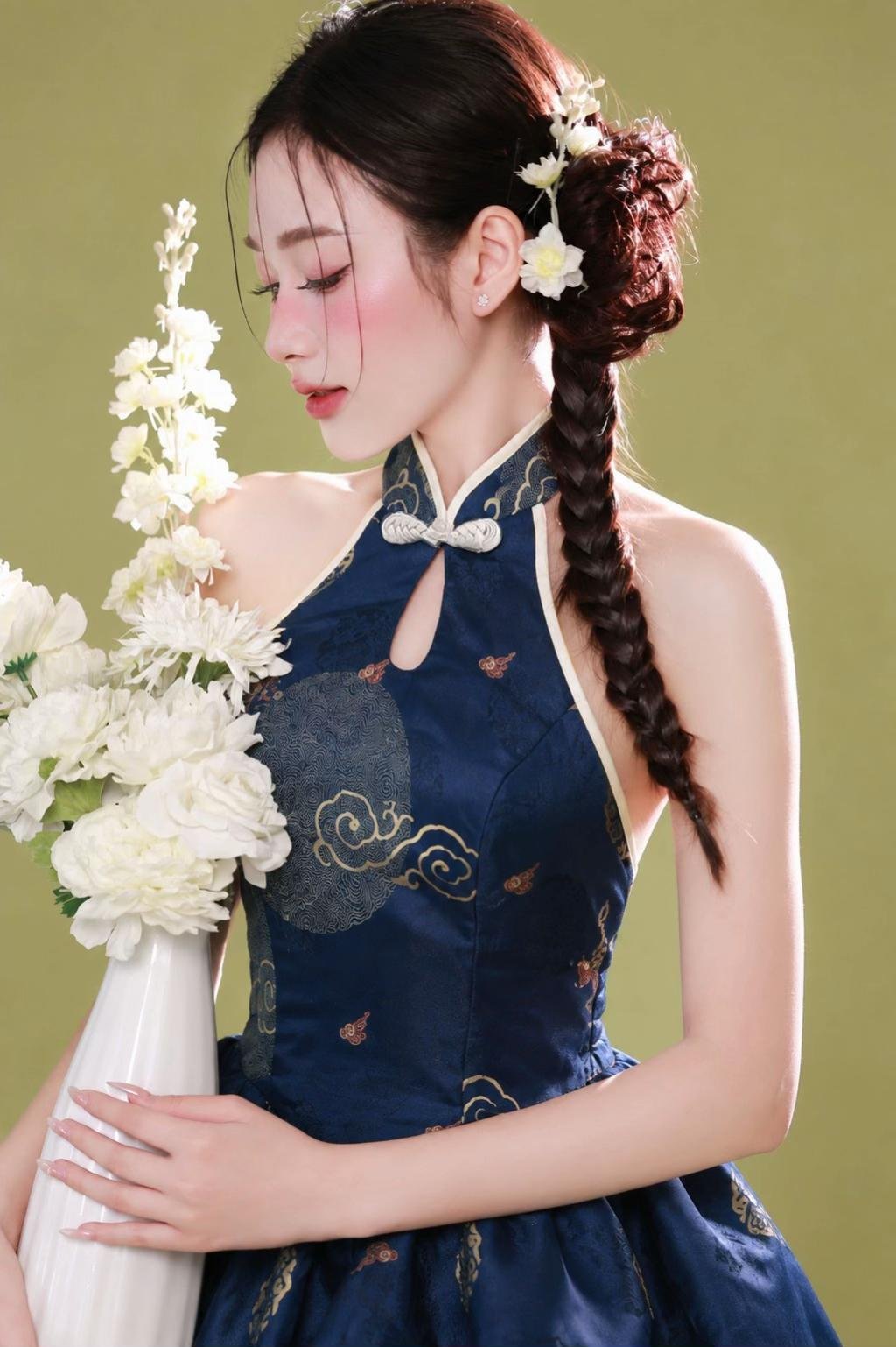 Cho Thuê Yếm Xanh Cổ Khoét Đính Nơ