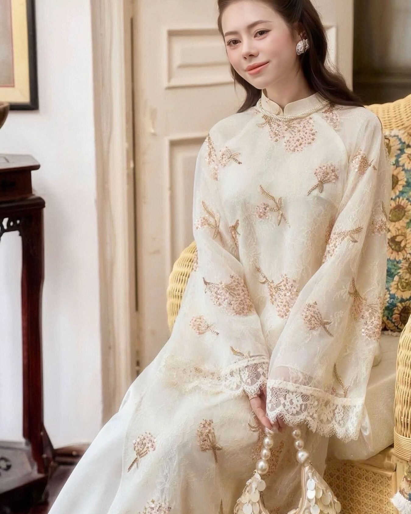 Cho Thuê Áo Dài Nữ Kem Nhã Uyên 4 Tà
