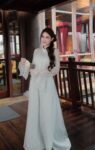 Cho Thuê Áo Dài Nữ Xanh Ngọc Cổ Trụ Kim Sa Tay Loe