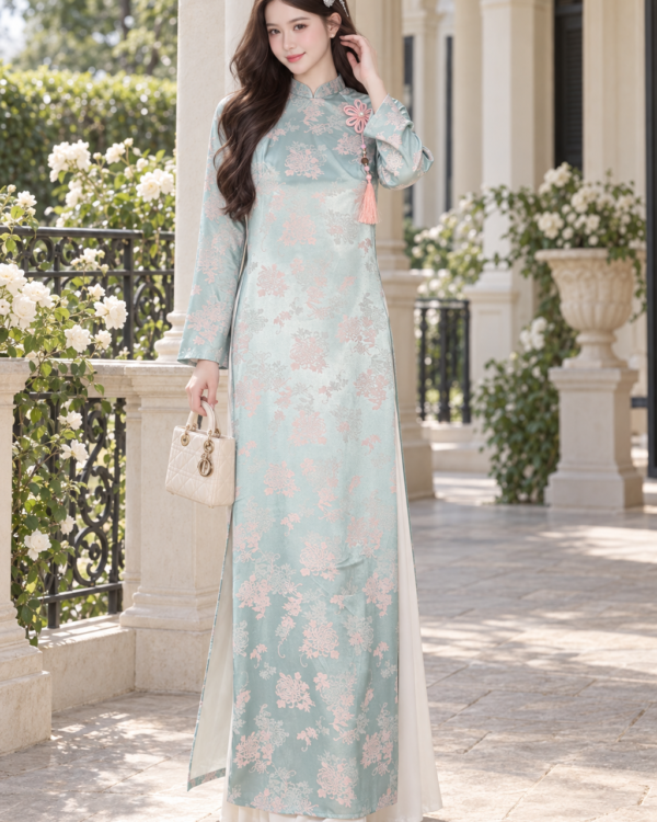Cho Thuê Áo Dài Nữ Xanh Ngọc Cổ Trụ Đính Hoa Cúc Đại Đoá