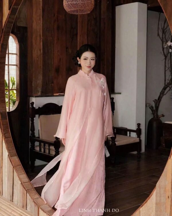 Cho Thuê Áo Dài Nữ Hồng Cổ Trụ Xẻ Tà Đính Bướm