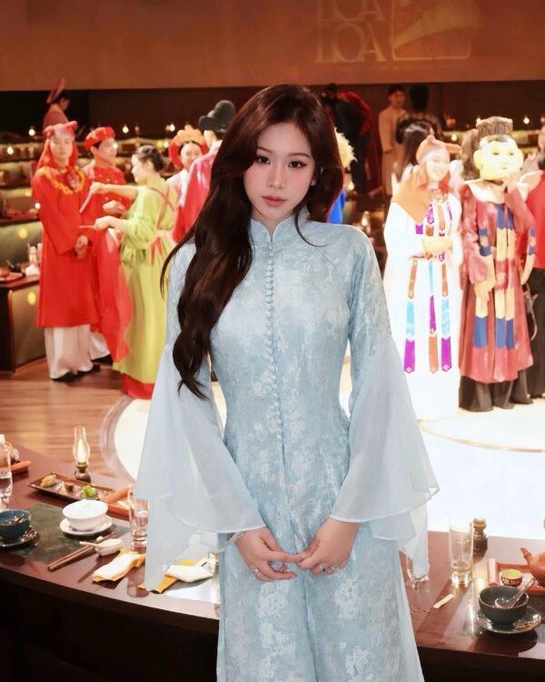Cho Thuê Áo Dài Nữ Xanh Biển Cổ Trụ Tay Loe Voan