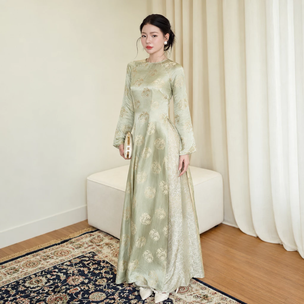Cho Thuê Áo Dài Nữ Xanh Bơ Cổ Trụ Gấm Xẻ Tà